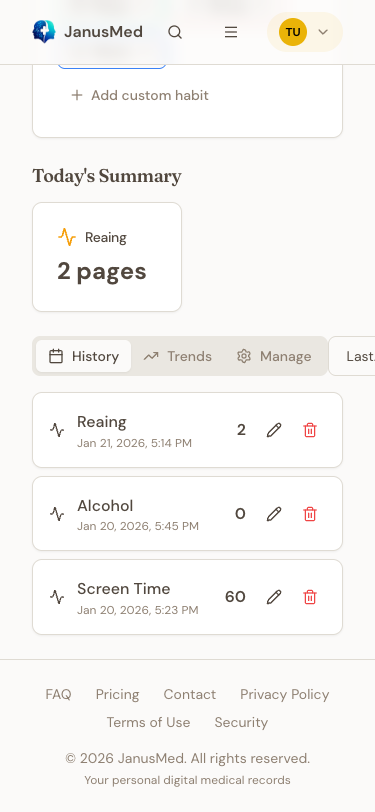 History entries with today summary